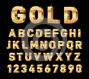 Gold 3d font. Glossy rich alphabet, trendy metal expensive typography elements. Luxury exclusive letters and numbers