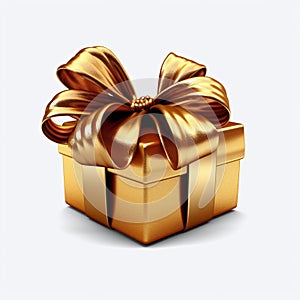 Gold 3d gift box decorated with a large festive bow isolated on a white background