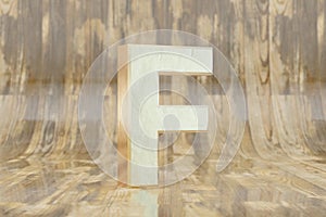 Gold 3d letter F uppercase. Golden letter on glossy wet wooden background. 3d rendered font character