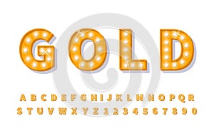 Gold 3d light bulb font. Retro style alphabet light typeface