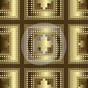 Gold 3d mosaic seamless pattern. Vector golden squares halftone background. Checkered repeat geometric backdrop. Modern digital