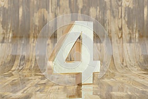 Gold 3d number 4. Golden number on glossy wet wooden background. 3d rendered font character.