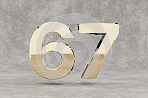 Gold 3d number 67. Glossy golden number on concrete background. 3d rendered digit