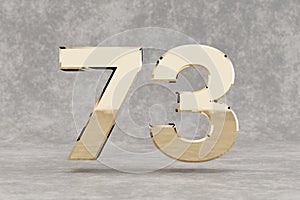 Gold 3d number 73. Glossy golden number on concrete background. 3d rendered digit