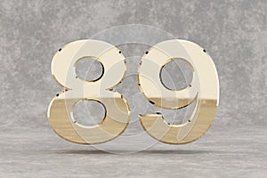 Gold 3d number 89. Glossy golden number on concrete background. 3d rendered digit