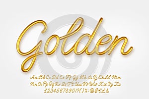 Gold 3d realistic capital and lowercase letters, numbers, symbols and currency signs isolated on a light background.