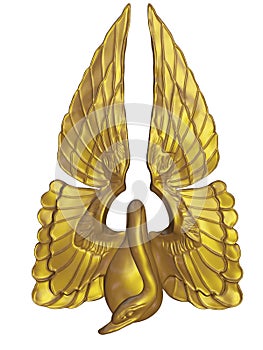 Gold 3D render of engraved swan with open wings