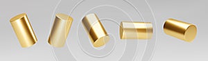 Gold 3d rotating cylinder set isolated on grey background. Cylinder pillar, golden pipe. 3d basic geometric shapes