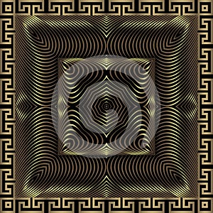 Gold 3d seamless pattern. Greek square frame. Warped lines surface 3d background. Repeat textured creative backdrop. Modern line