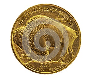 Gold $ 50. buffalo 1 oz. American coin on blue