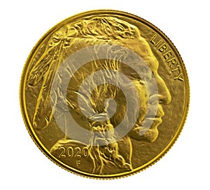 Gold $ 50. Indian head 1 oz. American coin on blue