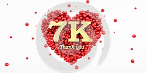 gold 7000 followers thank you isolated on white background, 3k, red heart and red balloons, ba