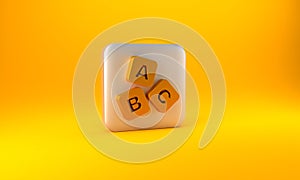 Gold ABC blocks icon isolated on yellow background. Alphabet cubes with letters A,B,C. Silver square button. 3D render