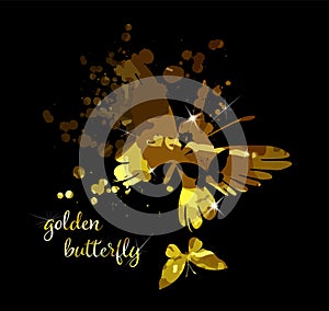 Gold abstract butterfly on black background with reflection. Vector illustration