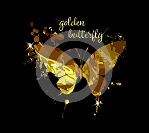 Gold abstract butterfly on black background with reflection. Vector illustration