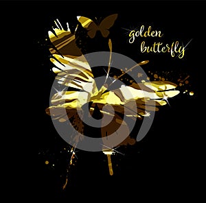 Gold abstract butterfly on black background with reflection. Vector illustration