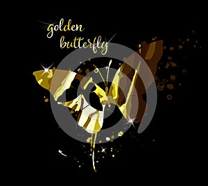 Gold abstract butterfly on black background with reflection. Vector illustration