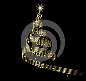 Gold abstract Christmas tree with music notes