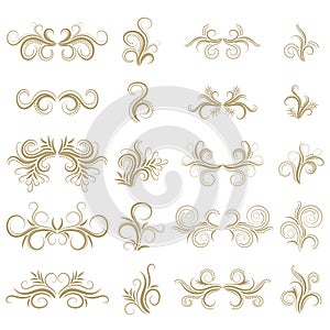 Gold abstract curly design element set on white background. Dividers. Swirls.