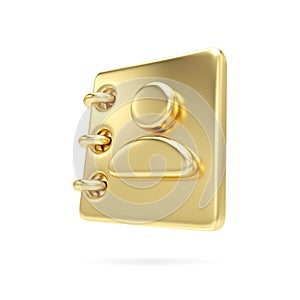 Gold Address book icon. 3d contact note isolate on white background. Phone book, contacts book or notebook. Contact information,