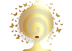 Gold Afro curly butterflies decorative composition with silhouette portrait black girl. Beauty center concept, hairstyle salon