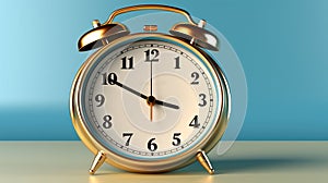 Gold alarm clock on blue background, AI