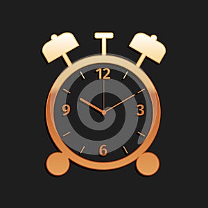 Gold Alarm clock icon isolated on black background. Wake up, get up concept. Time sign. Long shadow style. Vector