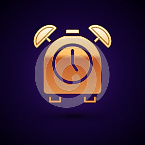 Gold Alarm clock icon isolated on black background. Wake up, get up concept. Time sign. Vector