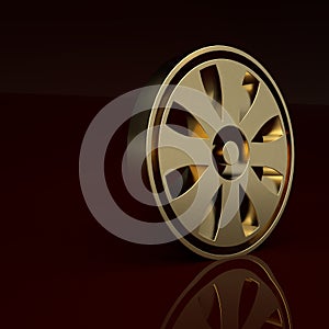 Gold Alloy wheel for car icon isolated on brown background. Minimalism concept. 3D render illustration