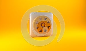 Gold Alloy wheel for car icon isolated on yellow background. Silver square button. 3D render illustration