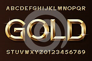 Gold alphabet font. 3d beveled gold effect letters and numbers.