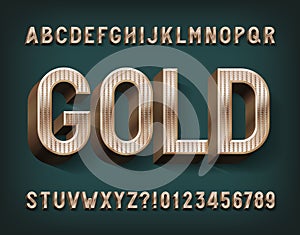 Gold alphabet font. 3d retro golden letters and numbers.