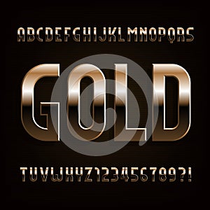 Gold alphabet font. Beveled metallic letters, numbers and symbols.