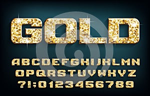 Gold alphabet font. Golden glitter beveled letters and numbers with shadow.