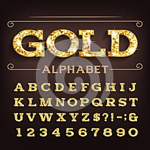 Gold alphabet font. Retro golden beveled letters and numbers with shadow.