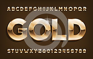 Gold alphabet font. Shining golden letters and numbers with shadow.