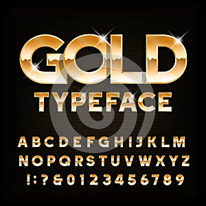 Gold alphabet typeface. Beveled shiny letters and numbers.