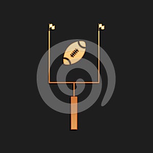 Gold American football with goal post icon isolated on black background. Long shadow style. Vector