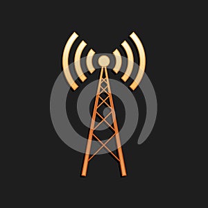 Gold Antenna icon isolated on black background. Radio antenna wireless. Technology and network signal radio antenna
