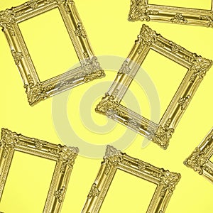 Gold Antique Photo Frames Collage on Yellow Background