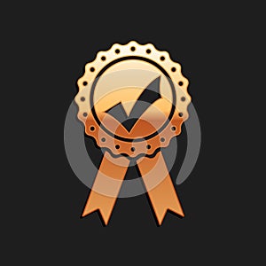 Gold Approved or certified medal with ribbons and check mark icon isolated on black background. Long shadow style