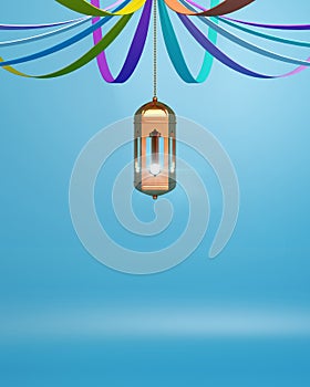 Gold arabic hanging lantern with colorful ribbon on blue background.