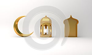 Gold arabic lantern, crescent moon, window on white background copy space text.