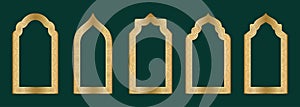 Gold arch frame shape Islamic door or window with geometric girikh pattern, silhouette Arabic arch. Luxury set in