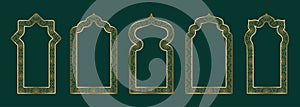 Gold arch frame shape Islamic door or window with geometric girikh pattern, silhouette Arabic arch. Luxury set in