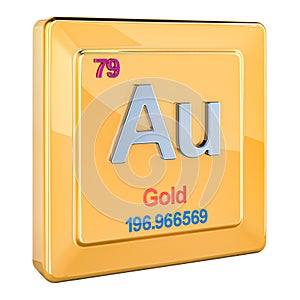 Gold aurum Au, chemical element sign with number 79 in periodic table. 3D rendering