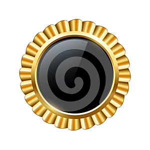 Gold award badge with black button, 3d realistic circle shiny emblem trophy