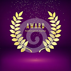 Gold award emblem with falling confetti. Laurel wreath on purple background. Icon of golden laurel branch.  Rewarding the best.