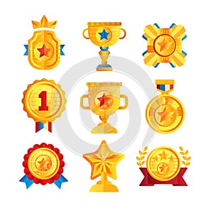 Gold awards set, various trophy and prize emblems, golden shield, medal, cup and star vector Illustrations on a white