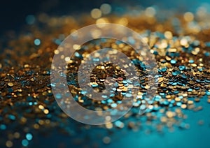Gold and azure glitter sparkling background wallpaper. 3D effect